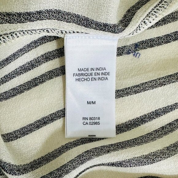 Lucky Brand Women's Size M Striped Roll Tab Sleeves Ivory Black Popover Blouse - Picture 7 of 8